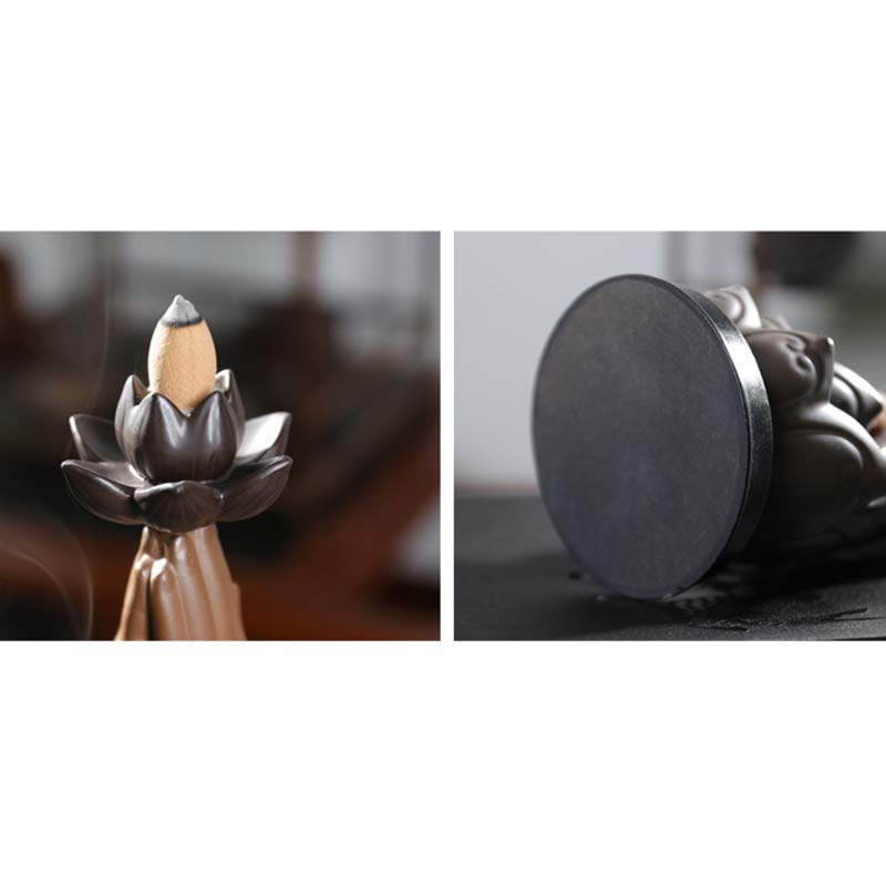 Buddha Lotus Incense Burner – Dark ceramic lotus holder front and base views, Aromatherapy