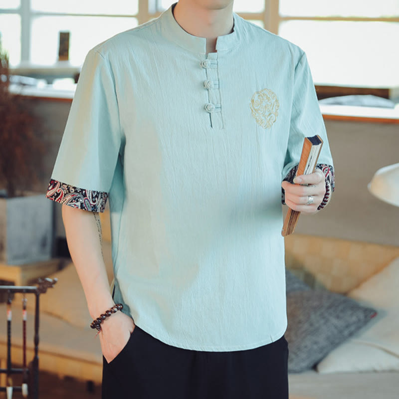 Dragon Embroidery Frog-Button Linen Tang Suit Shirt - Teal Chinese-style with gold motif, cultural