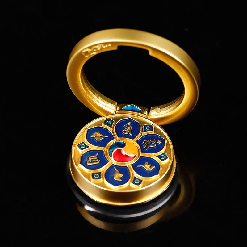 Om Mani Padme Hum Phone Ring Holder – Gold ring holder with blue lotus and S925 mark, spiritual phone grip