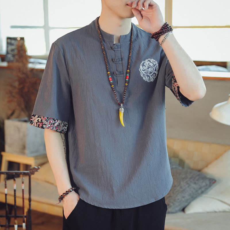 Dragon Embroidery Frog-Button Linen Tang Suit Shirt - Gray linen with frog buttons, breathable