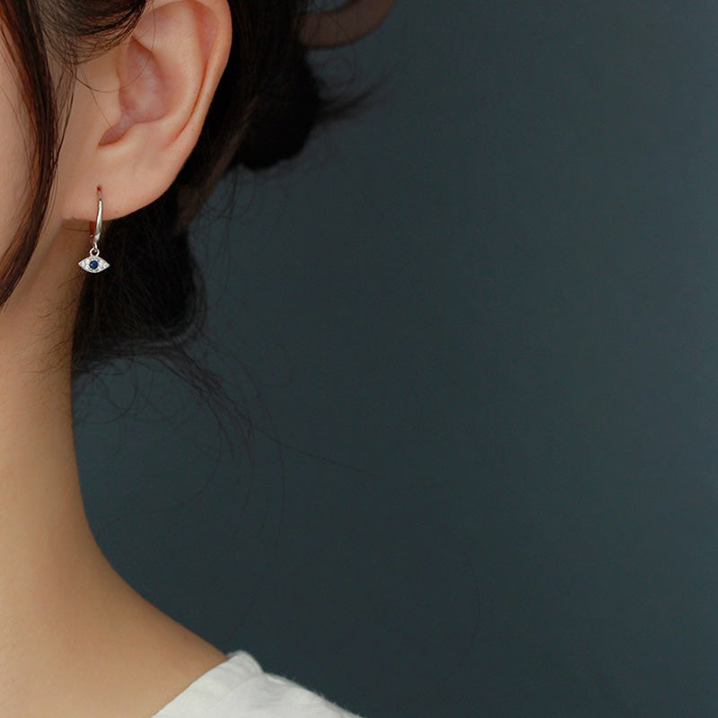 Sterling Silver Evil Eye Dangle Earring Worn on Ear, Blue Pavé Crystal Protection Jewelry