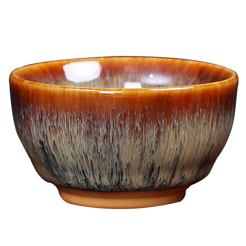 12 Zodiac Jian Zhan Teacup - close-up glossy hare fur glaze rim, amber crystalline streaks and iron-rich luster