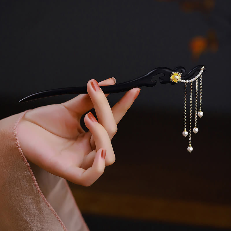 Ebony Wood Pearl Tassel Hairpin, front view