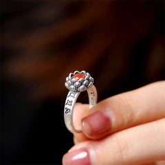 925 Silver Lotus Red Agate Ring – sterling silver lotus flower ring with orange carnelian center on finger, engraved Tibetan band