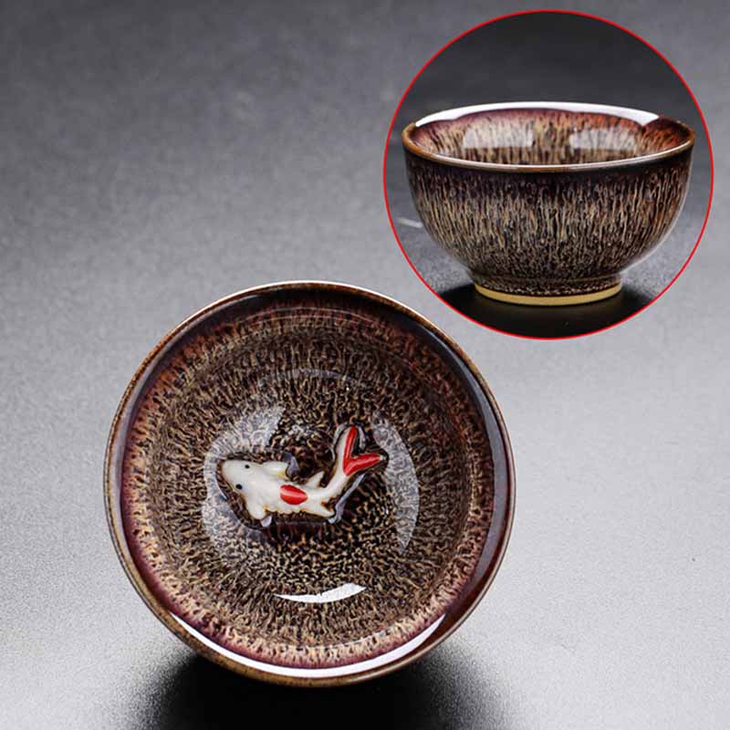 Jianzhan Koi Teacup – pair of cups side by side showing glaze variation, ceramic set