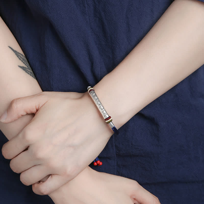 Om Mani Padme Hum Red String Bracelet – Silver mantra charm on multi-color cord, bohemian style