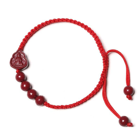 Cinnabar Laughing Buddha Guan Yin Bracelet – red cord bracelet with Buddha pendant and four beads, white background overhead