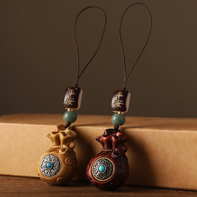 Sandalwood Money Bag Mantra Hanging - Wood bag pair with gift box, blessing pendant