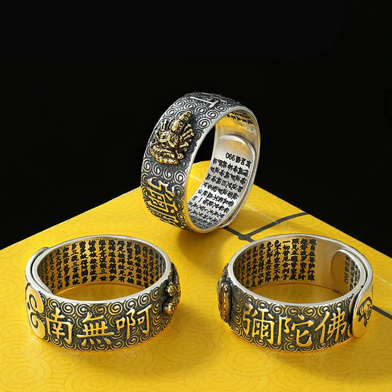 Natal Buddha Ring - Three rings on yellow cloth with Amitabha inscription, Auspicious
