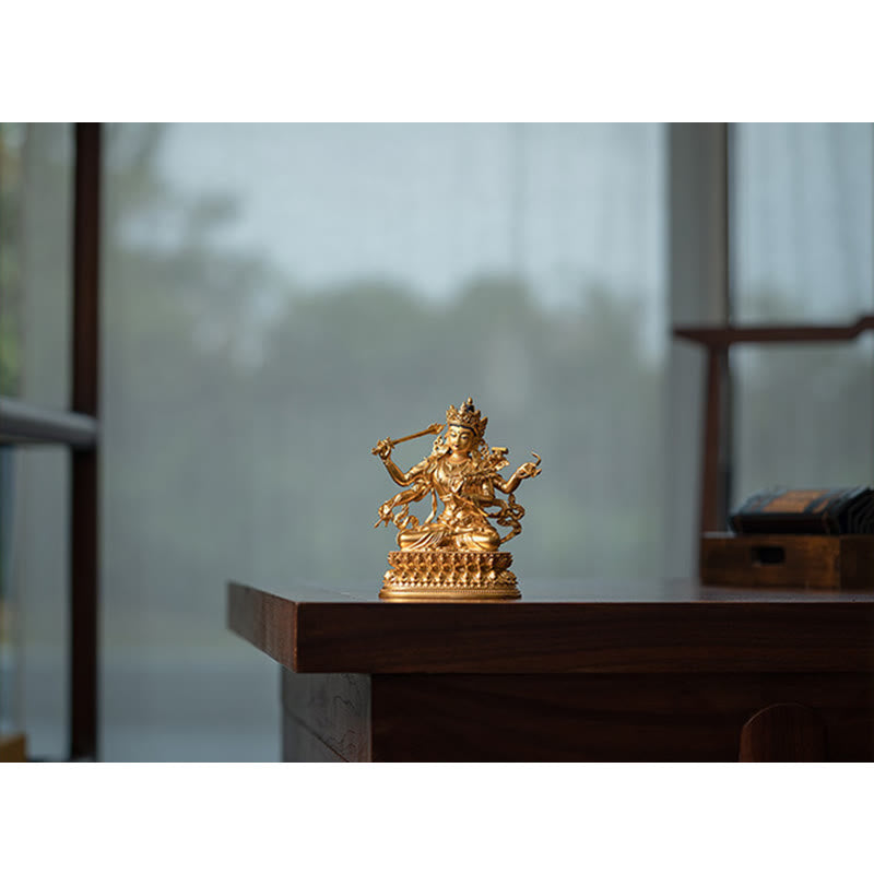 Four-Armed Manjusri Bodhisattva Gold Copper Statue Home Decor – side four arms lion mount, dynamic pose
