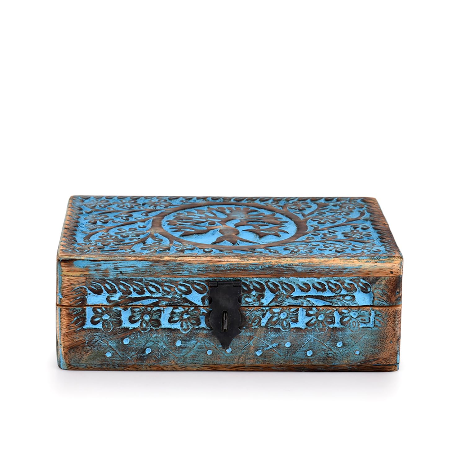 Tree of Life Wooden Jewelry Box – angled view of turquoise distressed finish and carved floral border, rustic
