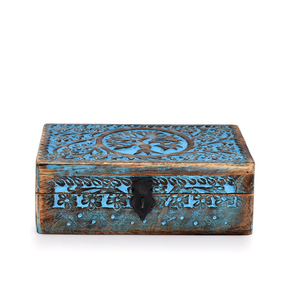 Tree of Life Wooden Jewelry Box – angled view of turquoise distressed finish and carved floral border, rustic