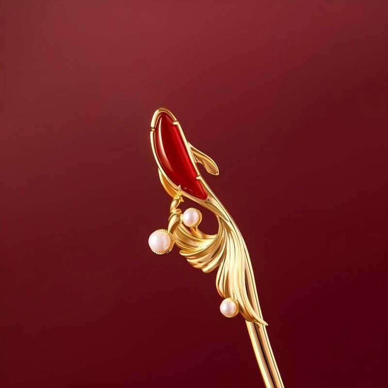 Koi Hairpin – macro of red agate koi body with three pearls and golden waves, luxury detail shot
