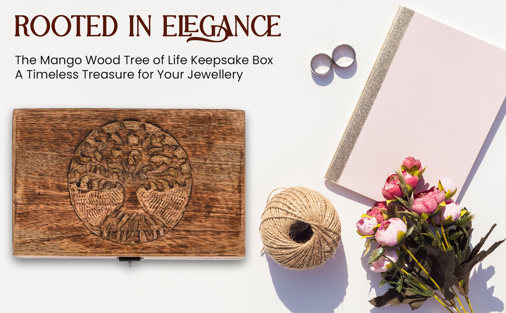 Mango Wood Tree of Life Box – flat lay with wedding rings journal and twine, rooted elegance