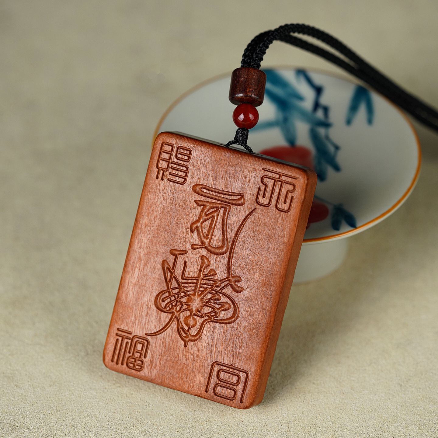 Shan Gui Wood Pendant – jujube wood texture talisman carving, Daoist coin necklace detail