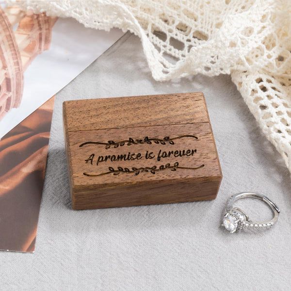 Slim Walnut Wood Ring Box – angled top view showing engraved lid and velvet ring slot, vintage aesthetic