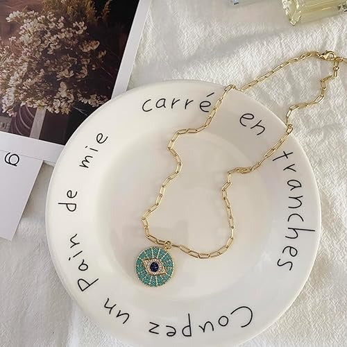 Gold Paperclip Turquoise Sunburst Evil Eye Necklace | 22 mm CZ Disc