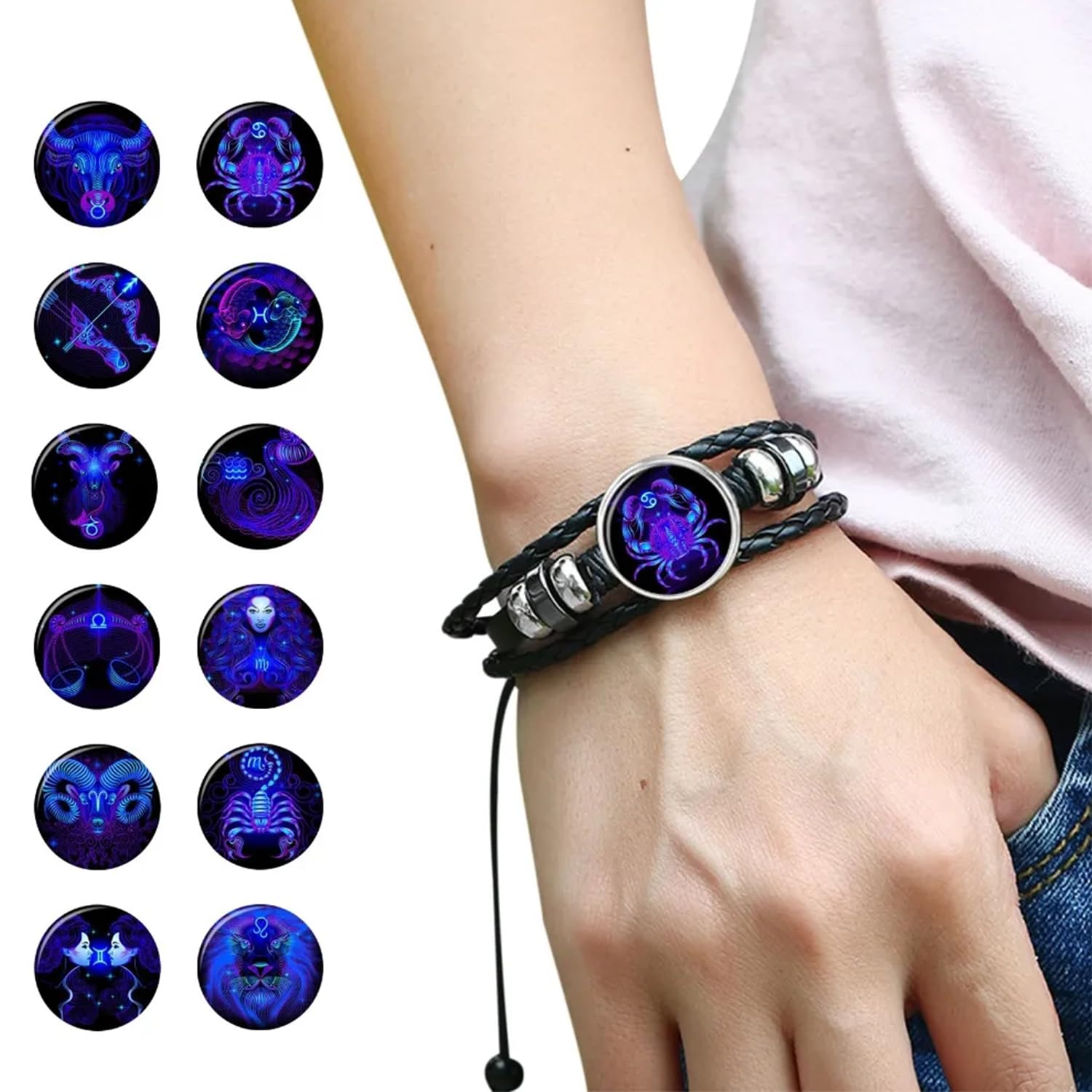 Zodiac Leather Wrap Bracelet – Cancer on wrist with all 12 constellation charm options displayed