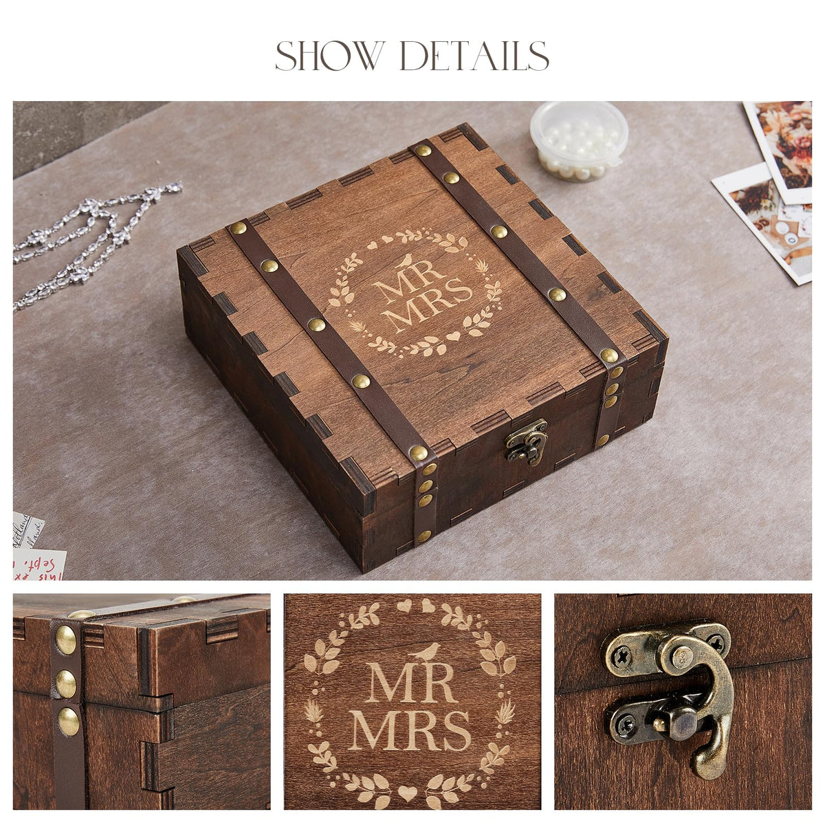 Mr Mrs Wooden Keepsake Box – detail collage showing corner joints, engraving and lock clasp close-up