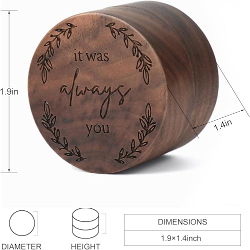 Oval Walnut Wood Ring Box – angled view showing 1.9 x 1.4 inch dimensions and laurel wreath engraving