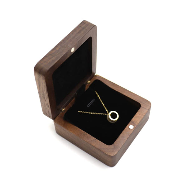 Natural Walnut Necklace Box – open view with gold chain pendant and ribbon on black velvet, handcrafted