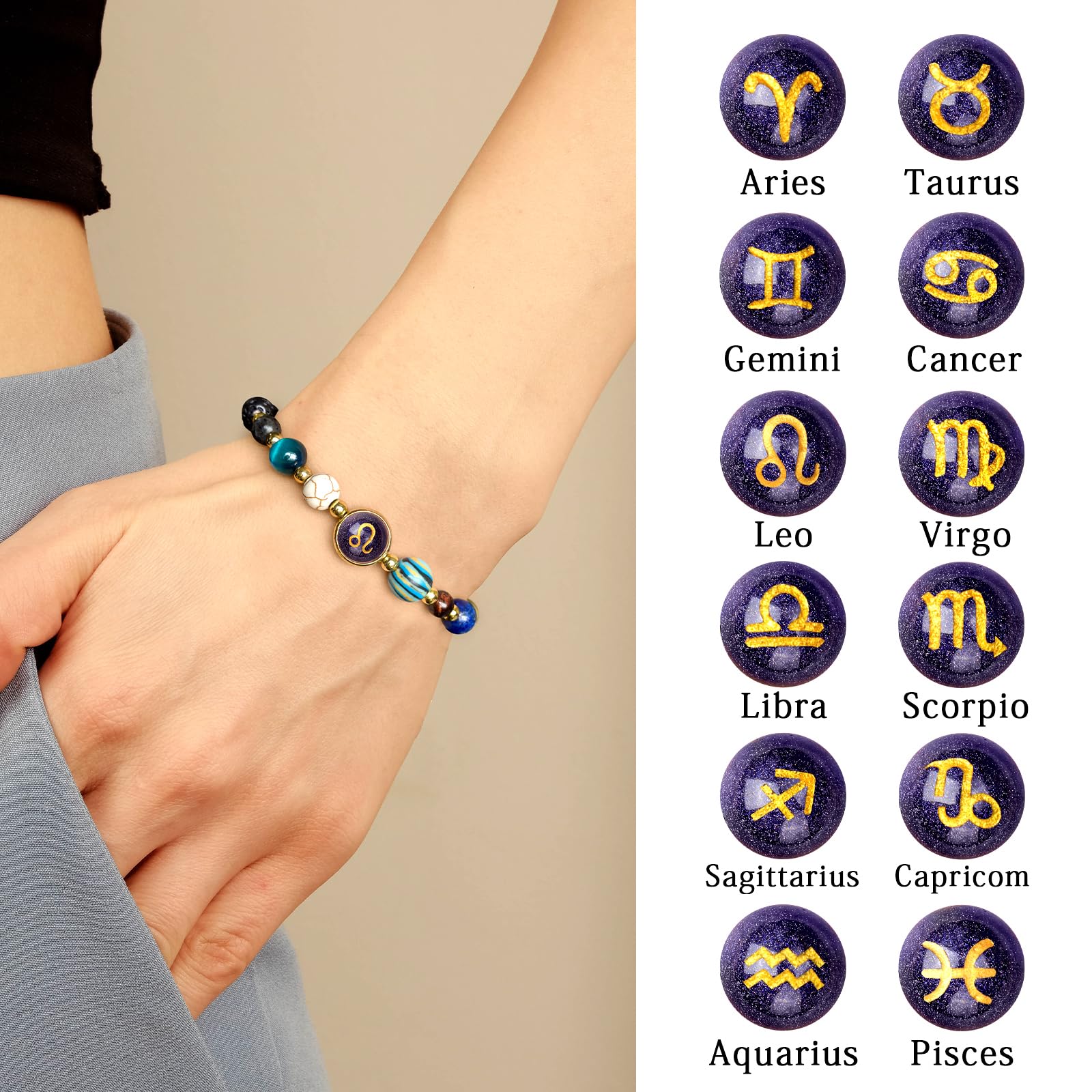 Zodiac Crystal Beaded Bracelet – Leo on wrist with all 12 constellation charm options displayed