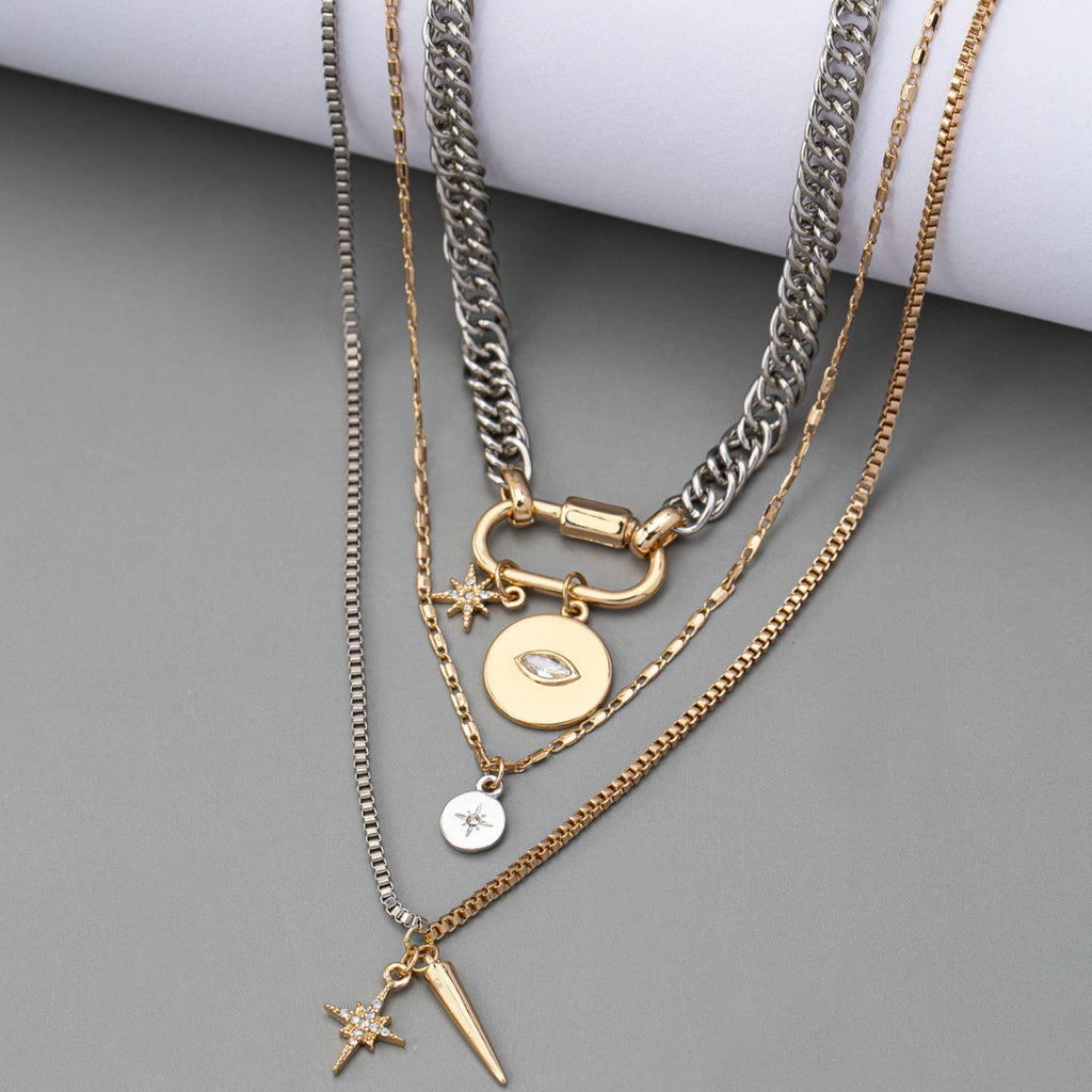 Mixed Metal Layered Charm Necklace | Gold Carabiner Eye Disc
