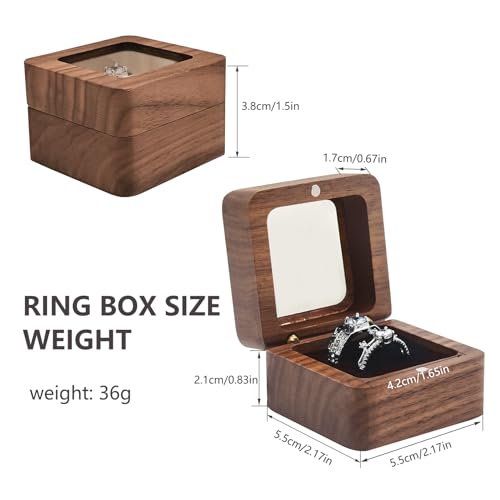 Walnut Wood Ring Box – top-down view of dual ring slots in black velvet interior, compact