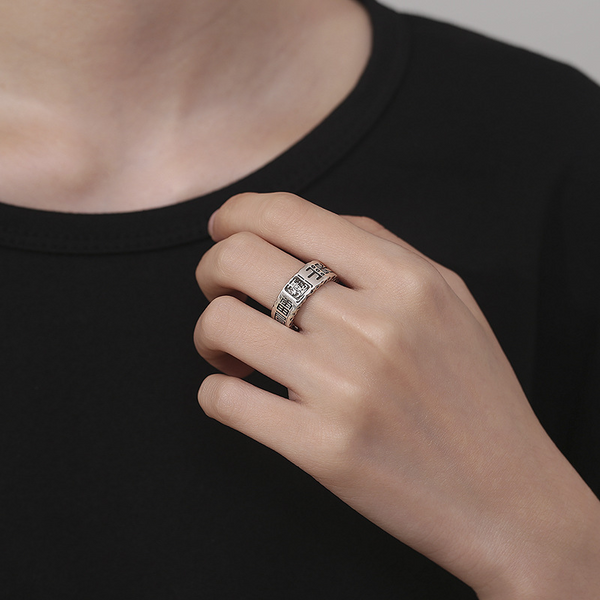 Taoist Shan Gui Ring – silver talisman ring worn on finger with black clothing, lifestyle shot showing fit, adjustable spiritual balance band