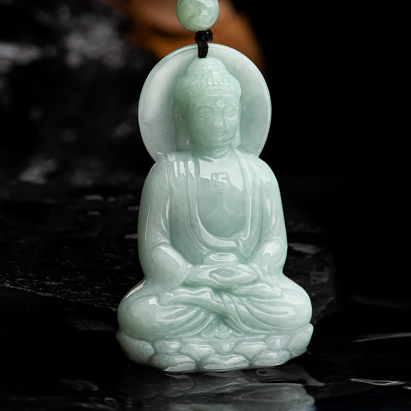 Amitabha Buddha Jade String Necklace - Slight angle view showing lotus pedestal and halo depth
