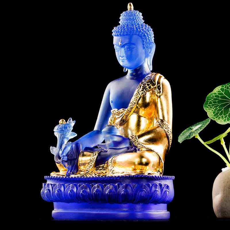 Medicine Buddha Liuli Crystal Statue Handmade Home Office Decoration – cobalt blue gold flecks liuli, celestial healing art s
