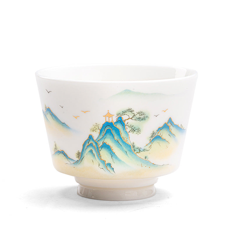 Ceramic Kung Fu Tea Cup – product specs 5.7cm x 7.3cm, 100ml, blue-green landscape with pavilion, detailed