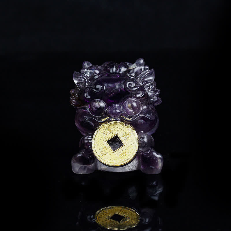 Handmade PiXiu Crystal – Deep amethyst crystal front view on black, spiritual decor