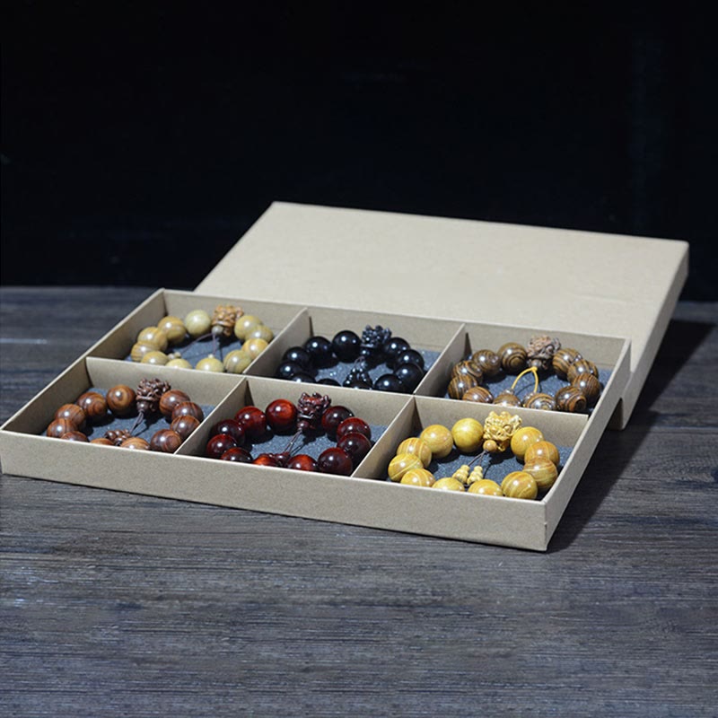 Multi-Wood Dragon Bracelet - Six carved guardian bead bracelets in open kraft gift box set, Strength
