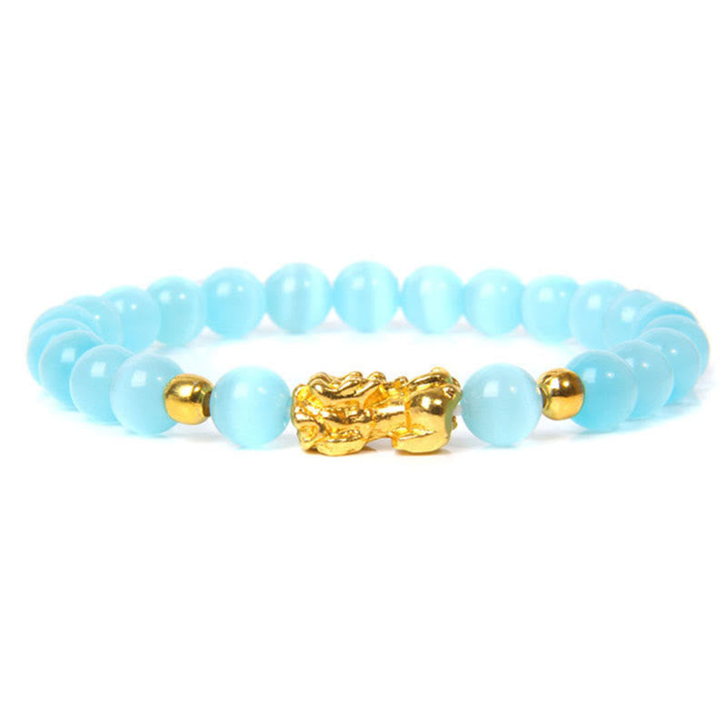 FengShui Obsidian Red Agate Tiger Eye PiXiu Wealth Bracelet – light blue cat eye beads with gold pi xiu, lucky wealth accessory