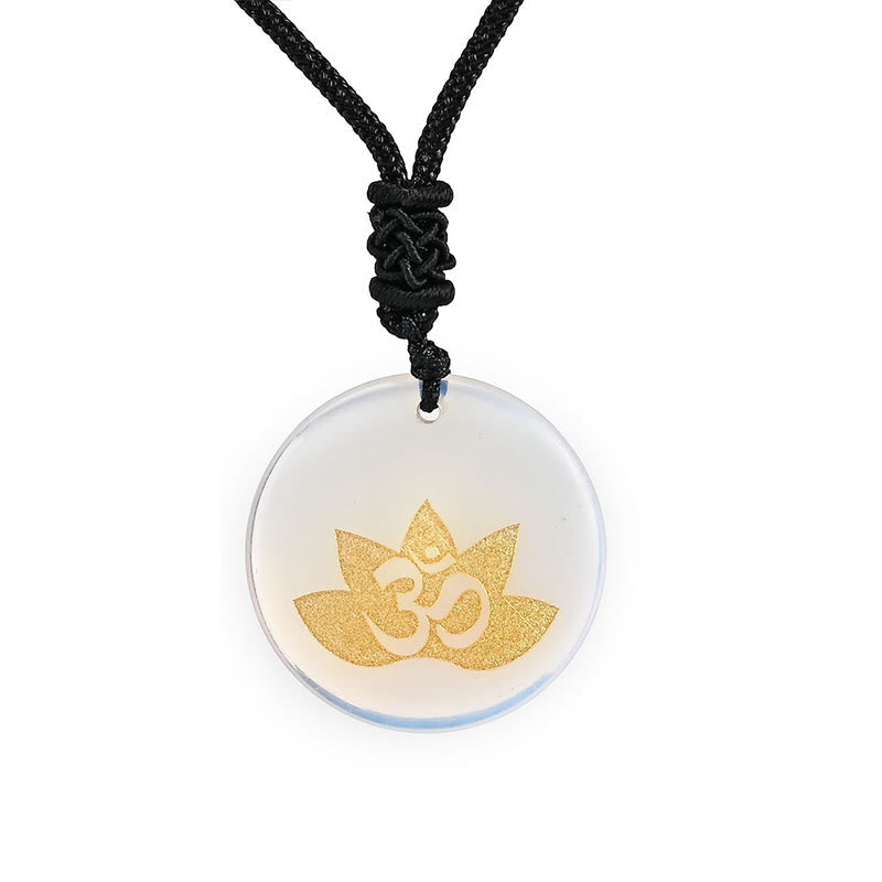 OM Lotus Amethyst Tiger Eye Pendant - luminous opalite disc with gold lotus Om, calming energy necklace