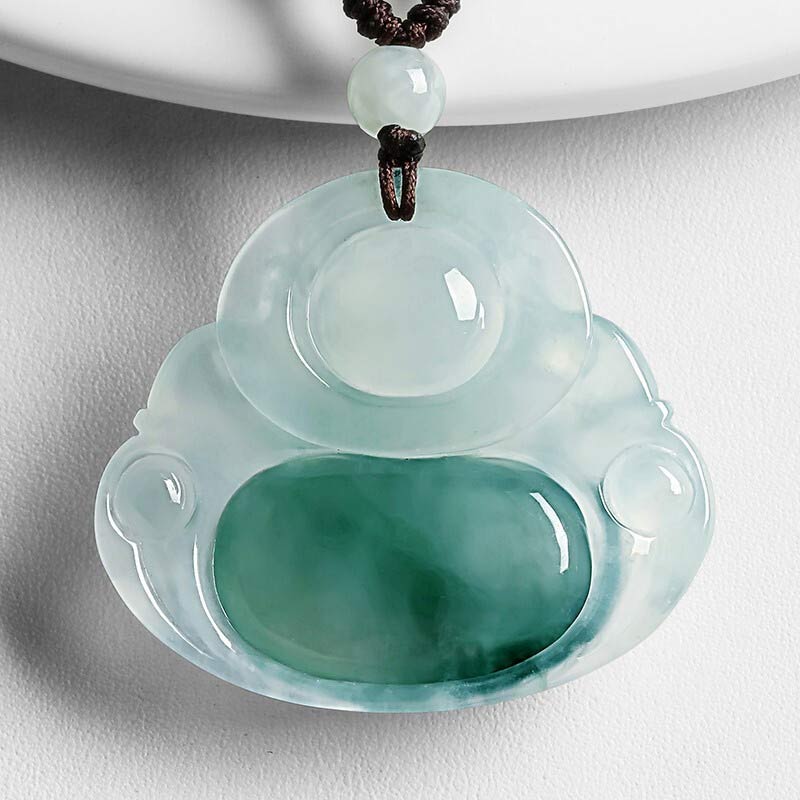 Cyan Jade Buddha Luck Necklace Pendant – reverse side on light backdrop showing deep green jade patch, calm