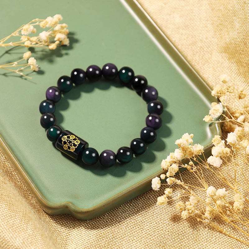 Obsidian Protection Set – rainbow obsidian bracelet gold barrel bead green plate, dried flower decor