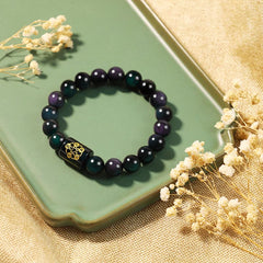 Obsidian Protection Set – rainbow obsidian bracelet gold barrel bead green plate, dried flower decor