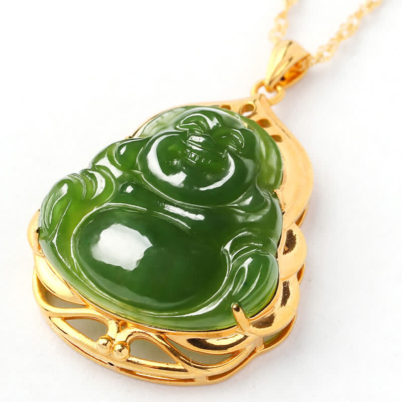 925 Silver Hetian Cyan Jade Laughing Buddha 18K Gold Necklace – velvet box gold ribbon, premium gift for her