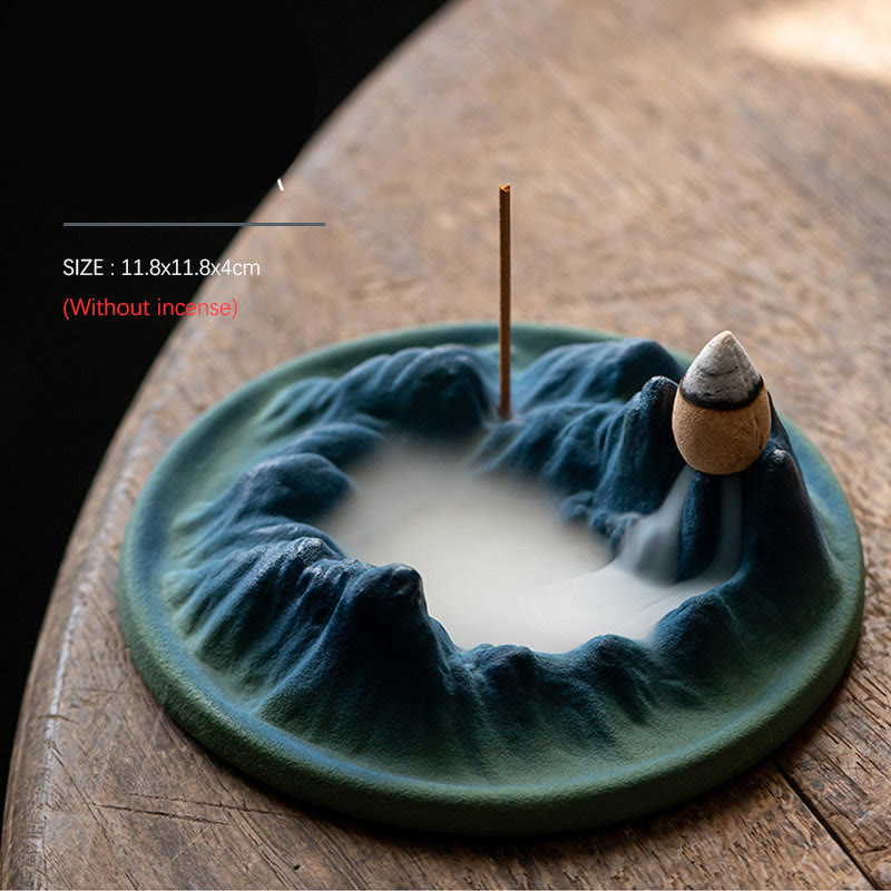 Ceramic Backflow Incense Burner – Teal mountain crater with smoke mist and dual incense, 11.8x11.8x4cm, zen