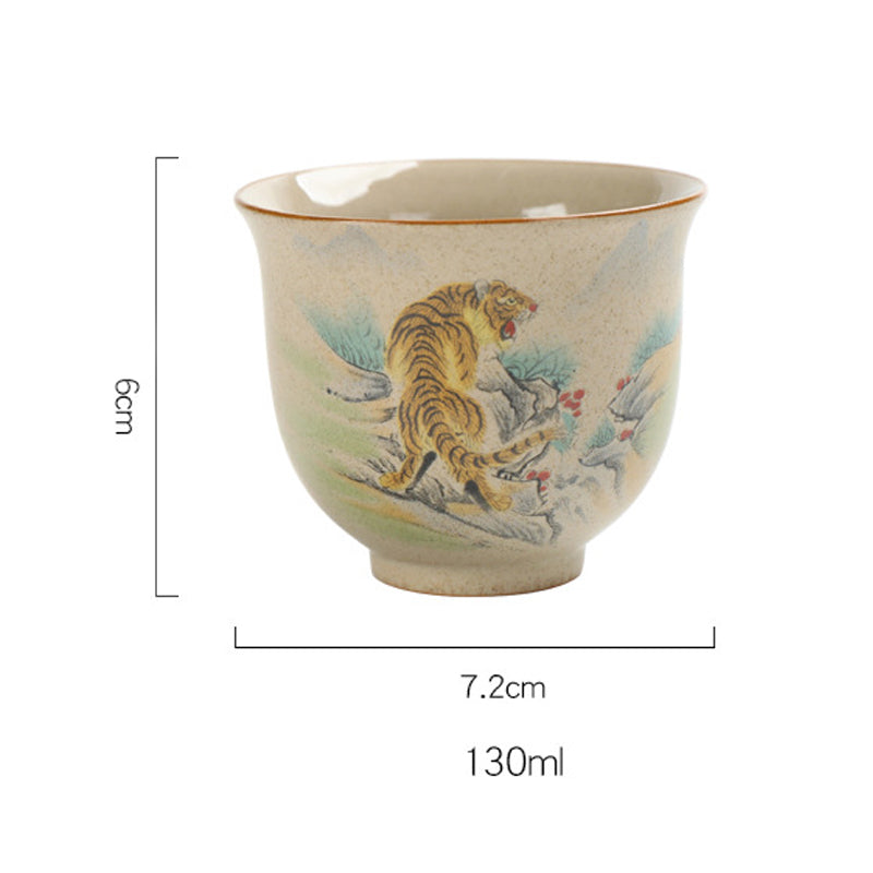 Chinese Zodiac Ceramic Teacup - tiger illustration cup with 130ml label, crackle glaze finish