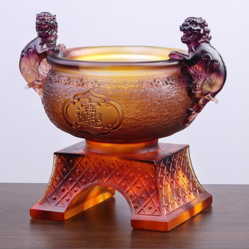 Liuli Crystal PiXiu Bowl – Purple liuli crystal PiXiu bowl with ornate base, decorative art piece