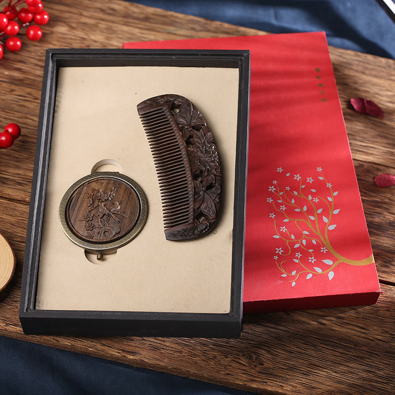Green Sandalwood Rosewood Lotus Engraved Soothing Comb Set – Chacate Preto Wood-Double Butterfly+Double Birds Folding Mirr...