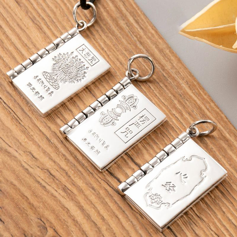Sterling Silver Heart Sutra Pendant – Three folding book pendants with sutra engravings, peace