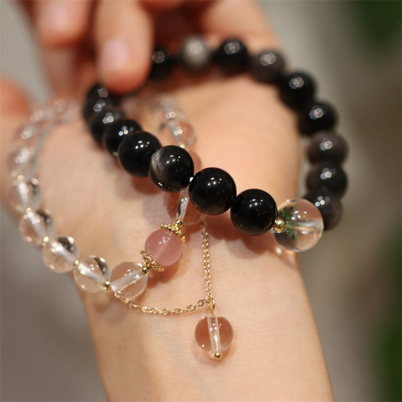 Yin Yang Obsidian Crystal Bracelet - Black and clear stacked pair on wrist, couple bracelet
