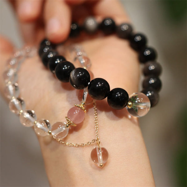 Yin Yang Obsidian Crystal Bracelet - Black and clear stacked pair on wrist, couple bracelet