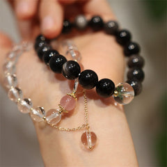 Yin Yang Obsidian Crystal Bracelet - Black and clear stacked pair on wrist, couple bracelet