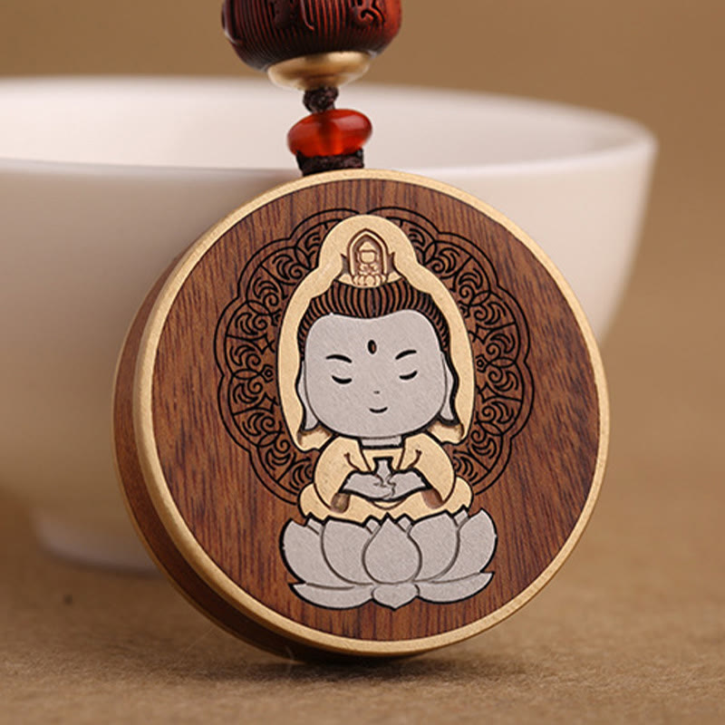 Ebony Avalokitesvara Keychain – artisan carving tools beside unfinished wood blank, handmade process