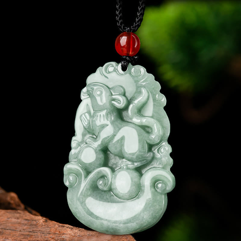 Green Jade Zodiac Necklace - Monkey holding peach with carved clouds on cord, longevity charm